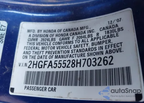 2008 Honda Civic Si/Si Mugen z USA, uszkodzony, nr VIN 2HGFA55528H703262